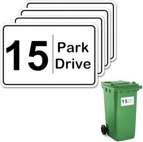 4 x Customised Wheelie Bin Number and Address Stickers Self Adhesive with Personalised House Number and Street or Road Name Waterproof and Weatherproof Custom Bin Sticker 10x15cm (Option 04)