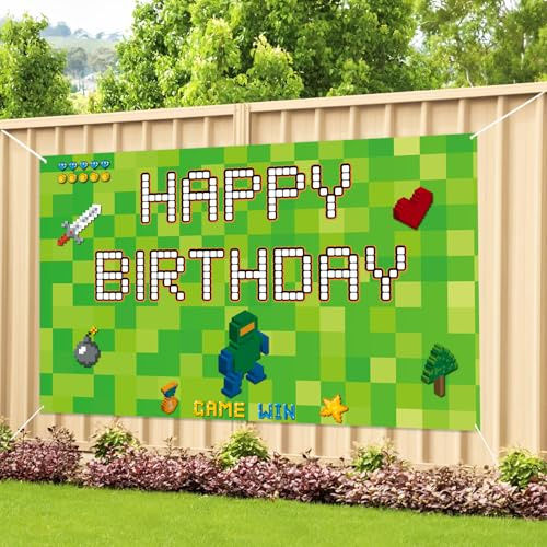 Labakita Green Pixel Themed Happy Birthday Backdrop, Block Video Game Themed Banner Sign, Sandbox Miner TNT Video Game Birthday Decoration for Boys Girls, Cool Gaming Party Supplies