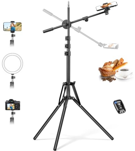 Nineigh 216cm Handy Stativ, Overhead Stativ Smartphone mit Fernbedienung | 360° Drehbar Ausziehbarmem Arm, Tragbarer Horizontales iPhone Tripod Ständer für Videoaufnahmen/Live Streaming