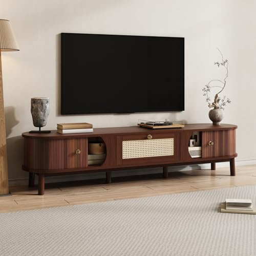 OLIVIBED TV-Schrank mit Rattan, Lowboard mit 2 Türen und Schubladen, Fernsehschrank für unter 75-Zoll-Fernseher, TV Ständer für Wohnzimmer, Schlafzimmer, Holzfarbe und Hellgelb, 170x39.5x38cm