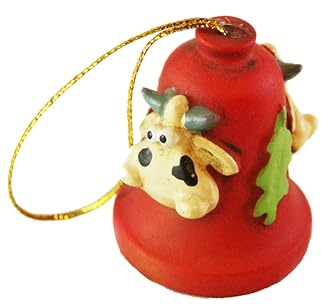 Dekorative Weihnachtsglocke, rot, aus Marmorharz, handbemalt mit Kuh, hergestellt in Italien, Weihnachtsbaumschmuck (Gesicht Alice)