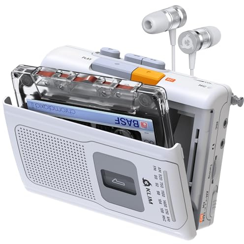 K8 Kassettenspieler AM-FM Kassettenradio mit Mikrofon | Mit Kopfhöreranschluss inklusive Ohrhörern batteriebetrieben oder per Netzteil, Weiß