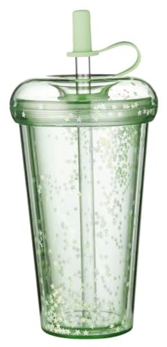 Doppelwandiger Trinkbecher mit Deckel und Strohhalm, 420 ml, sicherer Isolierbecher mit Strohhalm, auslaufsichere Glitzerbecher, tragbarer Wasserbecher mit Deckel für Schule, Büro, grün, Glitzerbeche