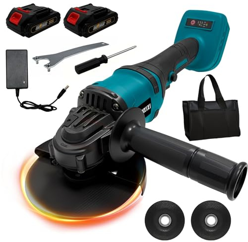 Akku Winkelschleifer Set 115mm (Makita 18V kompatibel), bürstenloser Motor 8500 U/min, inkl. 2x 2.0Ah Akkus & Schlüssel, 3 Geschwindigkeiten zum Schneiden und Polieren
