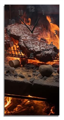 Wallario Design-Wanduhr Urige Grillkunst: Steakschmiede aus Glas, Motiv-Uhr Größe 30 x 60 cm, Schwarze Zeiger