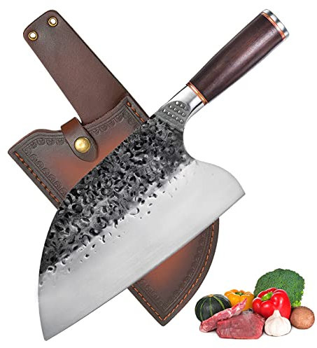 Coltello da Cuoco Cinese Professionale da Serbo Disosso Macellaio Cucina, Lama da 20 cm, per Bushcraft, Campeggio, con Fodero in Pelle, coltello per verdure,coltello da carne,coltello da tritare