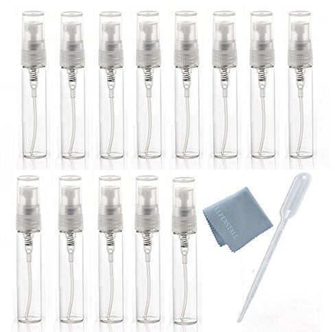 Elfenstal- 25pcs Clear 5ml 1/6oz Glass Atomizer Bottle Spray Refillable Perfume Empty Bottle Glass Clean Cloth for Travel Party Must Makeup Tool Free 3ml Dropper Pipette