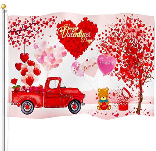Happy Valentine's Day Flagge 3 x 5 ft Valentinstag Banner Rote Bäume Lastwagen Blumen Große Rosa Valentinstag Flagge Lebendige Farbe und Doppelt Genäht Jahrestag Hochzeit Garten Dekoration