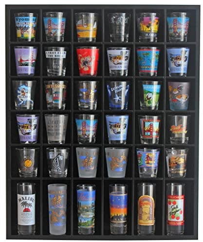 DisplayGifts Black Shot Glass Display Case 36 Slots Wall Mount Shadow Box Bar Cabinet Collection Freestanding - No Door (with 1 Row for Tall Shooters)