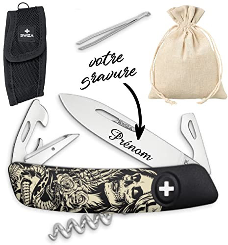 Gravure Events - Véritable Couteau Suisse personnalisé - Gravé avec le prénom de votre choix - fabriqué en Suisse - Cadeau Homme femme ou adolescent, Fête des pères, anniversaire Noël Sk.Noir
