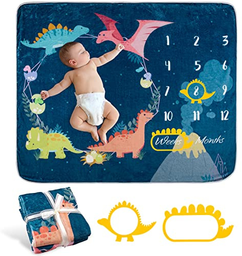 Whaline Baby Monthly Milestone Dinosaur Theme Blanket - Newborn Photography Prop, Flannel Nap Mat Backdrop With 2 Frames, Cartoon Growth Photo Mat for Girl Boy Shower Gift, 50 x 40