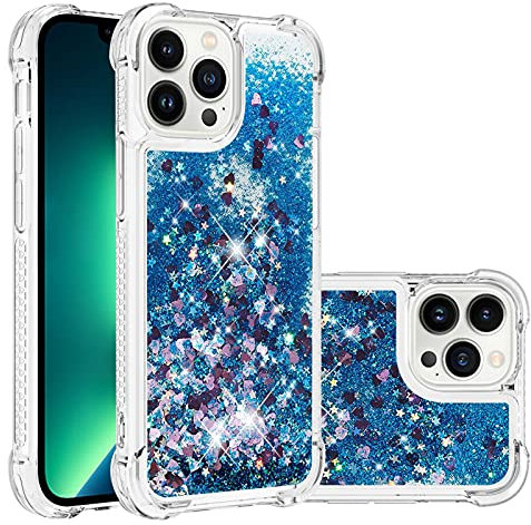 IMIRST Silicone Phone Case for Apple iPhone 14 Pro Max, Corner Airbag Fall Protection Bling Glitter Quicksand Liquid Sparkle TPU Case Cover for Apple iPhone 14 Pro Max. YBW Love Blue