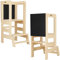 SPRINGOS Lernturm mit Tafel für Montessori-Haus 90 cm Massivholz Treppenhochstuhl mit Plattform Natural, Board
