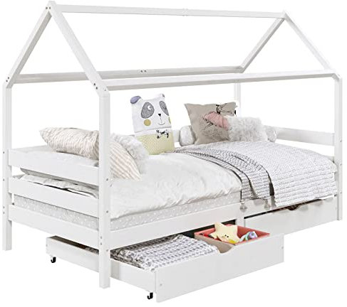IDIMEX Hausbett CLIA aus massiver Kiefer in weiß, Montessoribett mit Dach in 90x200cm, stabiles Kinderbett mit 2 Schubladen