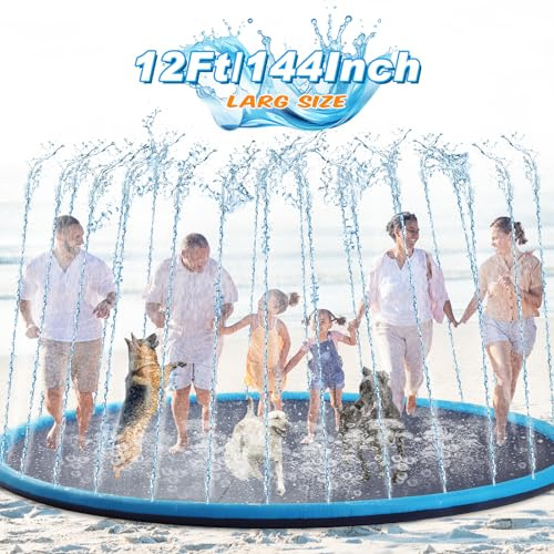 Lewtemi 12 ft Extra Large Non Slip Splash Pad 144 for Adult Kids and Dog Giant Thicken Sprinkler Pool Summer Outdoor Toys Fun Backyard Fountain Play Mat for Family Pet Dog(Classic Style)