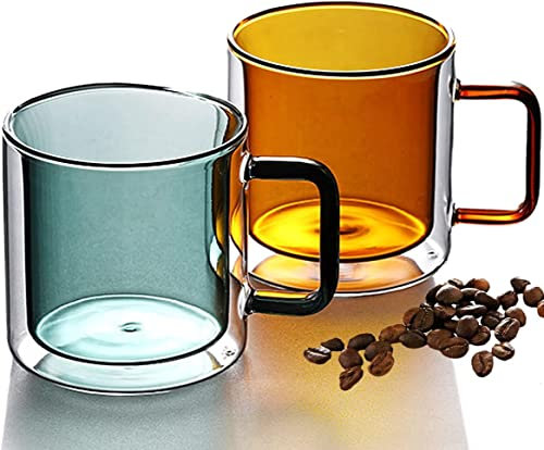Juego de 2 tazas de café de cristal con diseño de doble pared de cristal for té, café, leche, con asas, vasos aislados de doble pared, resistentes al calor, capuchino, café con leche, té, tazas térmic