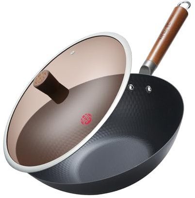 WANGYUANJI Wok 32 cm en acier au carbone pour cuisiner, braiser et rôtir, sans revêtement chimique, fond plat pour induction, électrique, gaz, halogène, tous feux