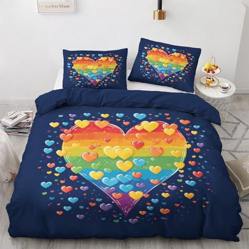 GEDAEUBA Bettwäsche 135x200 LGBT Homosexuell Pride - Bunte Herzen Bettbezug 135 x 200 2er Set, Wendebettwäsche und Kissenbezug 80x80, Weiche & Angenehme Mikrofaser Bettwäsche-Sets mit Reißverschluss