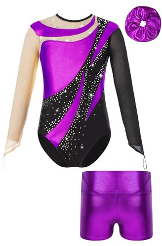 iiniim Kinder Mädchen Turnanzug Gymnastikanzug Trikotanzug Glänzend Gymnastik Leotard mit Shorts Haarband Wettbewerb Tanzkostüm Lila 134-140