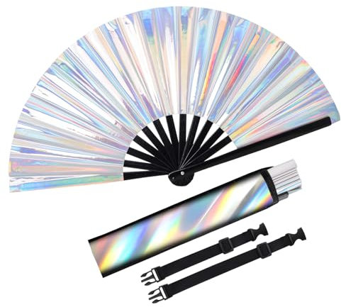 Fumwase Large Folding Holographic Silver Hand Fan with Rave Fan Holster for EDM Club Party Dance