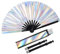 Fumwase Large Folding Holographic Silver Hand Fan with Rave Fan Holster for EDM Club Party Dance