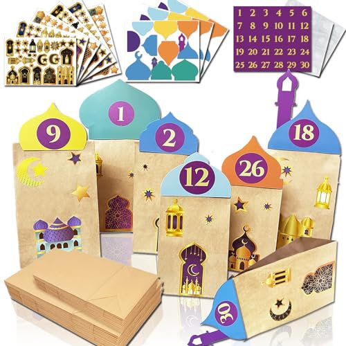 BARVERE Ramadan Kalender zum Befüllen, 30 Stück Papiertüten aus Kraftpapiert eid Mubarak Tüten, Ramadan Geschenkschachteln mit Aufkleber, Golddruck zum Eid Mubarak Dekorieren