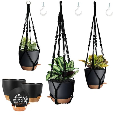 Bouqlife 3 Pack Self Watering Hanging Planters Macrame Plant Hangers with Indoor Flower Pots, 3 Different Size Hanging Basket, Plant Hanger with Hooks for Garden Home Decor Black