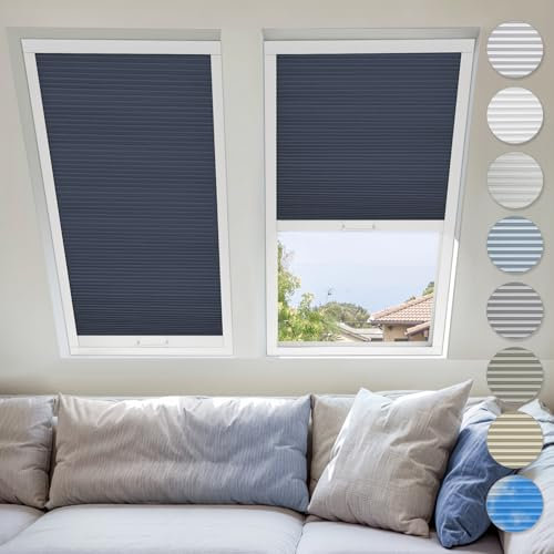 UrMoon Skylight Blinds for Roof Window, Easy Install Honeycomb Shades Cellular Blinds for Inclined Skylight Sun Room Windows (Blackout - Dark Blue)