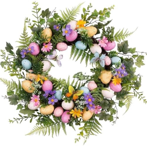 Easter Egg Wreath, Artificial Flower Easter Wreaths for Front Door Colorful Flower Wreath with Easter Eggs for Easter Spring Decorations