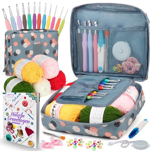 Coopay Häkelset für Anfänger, Blaue Blume Häkelnadel Set mit 2,0-8,0 mm Ergonomisch Häkelnadeln mit Weicher Griff, Häkelgarn, Häkelanleitung und Zubehör, Häkeltasche, Starter Häkelnadelsets