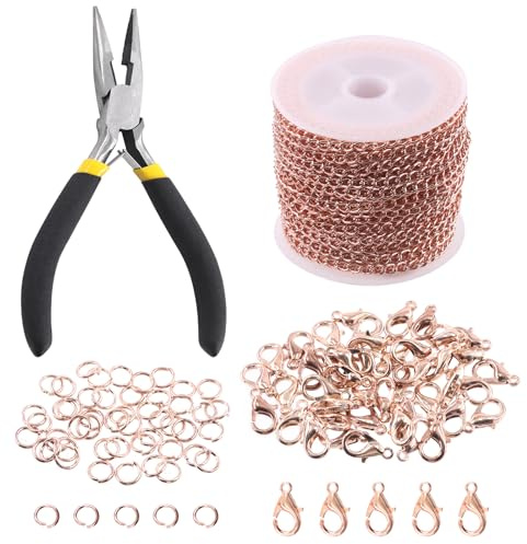Keadic 102-tlg. Roségold Schmuckketten Set, 9 m gedrehte Metallkette mit Karabinerhaken, offenen Sprungringen & Schmuckzange, DIY Bastelzubehör für Halsketten, Armbänder & Ohrringe