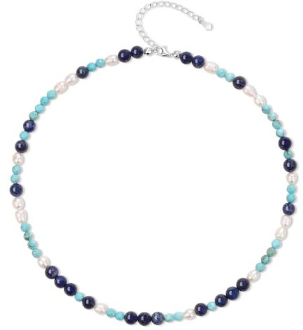 COAI Damen Perlenkette Dreifarbig aus Lapislazuli Weiße Perlen Synthetischer Türkis mit Weißgoldkette Geschenk für Mutter Freundin
