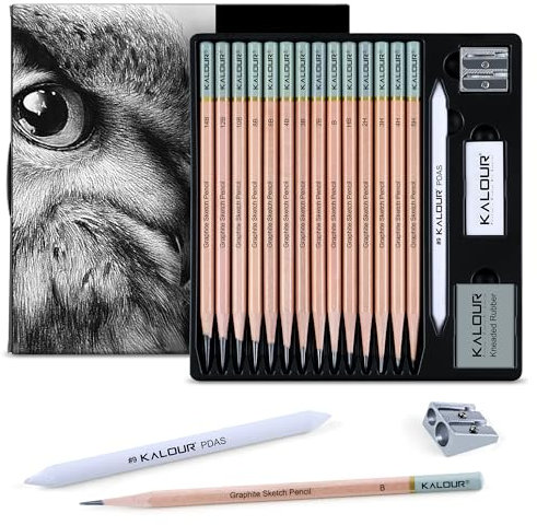 KALOUR 18-teiliges professionelles Skizzenstift-Set – enthält 5H bis 12B Bleistifte, Vinyl-Radiergummi, gekneteter Radiergummi, Spitzer und Papiermischstumpf – ideal für Künstler und Anfänger