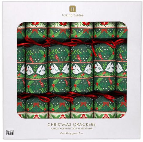 Talking Tables 6 x Christmas Crackers, Jokes, Games, Party Hat, Folklore Green Design Eco-Friendly Xmas Tableware, Recyclable