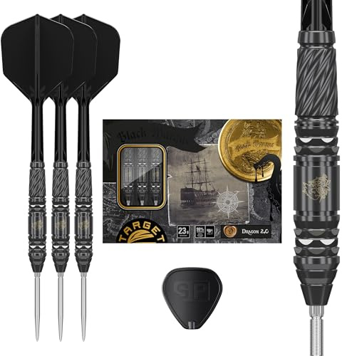 Target Japan Black Marque Dragon G2 90% Tungsten K-Flex Swiss Point Steel Tip Darts Set, 23G | KFlex Dart Flight, Swiss Nano Points, Black & Silver Steel Dart Tips with K Flex Integrated Shafts