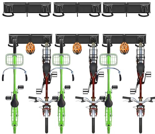 Mimoke Fahrrad-Wandhalterung inkl. Helmhaken - Platzsparende & stabile Lösung für Garagen & Wohnungen - Einfache Montage - Perfekte Aufbewahrung für Ihr Bike & Zubehör (für 6 Fahrräder)