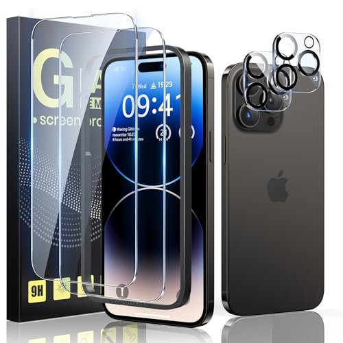 Guretok 2+2 für Panzerglas für iPhone 14 Pro mit Frame mit Kameraschutz 6,1, Militärnorm 9H Härte Schutzfolie HD Klar Panzerfolie für iPhone 14 Pro [Anti-Bläschen] [Kratzfest]