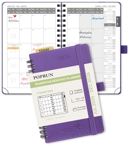 POPRUN Kalender 2025 2026 Monatsplaner 16 x 10,5 cm - 18 Monate Monatskalender Ringbuch A6 (Jul.2025-Dez.2026) - 1 Monat 4 Seiten, Softcover mit PU-Leder, 100 GSM Papier - Lila