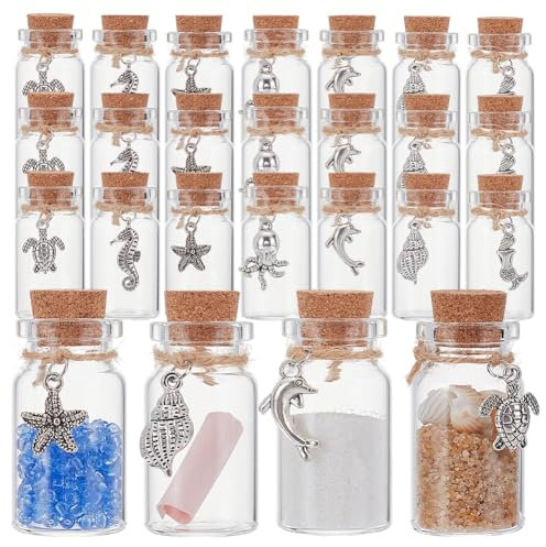 PH PandaHall 21PCS Mini Glass Jars, 7 Style Small Corked Bottles with Ocean Charm Glass Wishing Bottles Decor Sand Art Message Bottle for Christmas Valentine Mother Wedding DIY Craft Favor