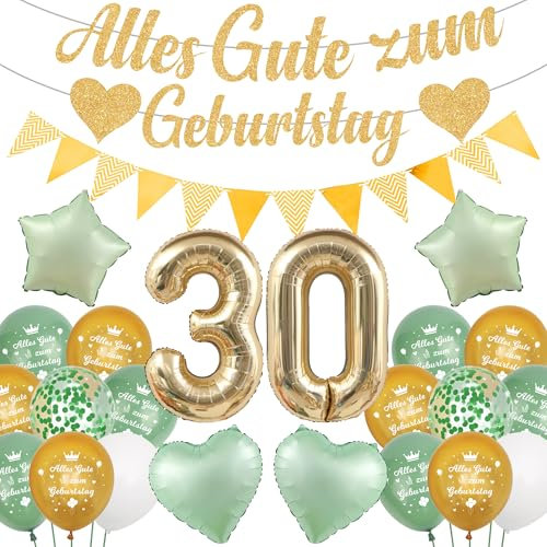 Runyuzi Deko 30 Geburtstag Frau Mann - 35 Stücke 30 Jahre Geburtstagsdeko Grün Gold, Sternen Herz Luftballons Glitzer Banner Girlande für Party Dekoration