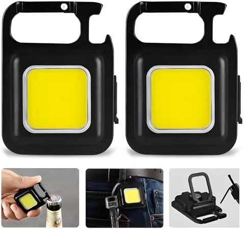 2 mini linterna recargable, linterna recargable, mini lámpara de trabajo portátil 800 lúmenes COB lámpara de llavero para camping, reparación, con abridor de botellas, base magnética