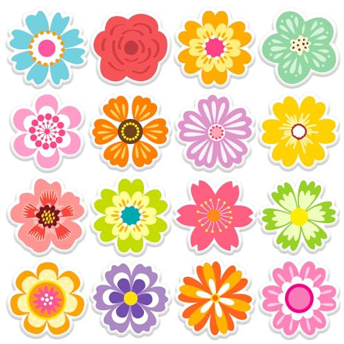 JarThenaAMCS 32 x dicke Gel-Aufkleber mit Sommerblumen, niedlich, bunt, Frühlingsblumen, Fenster-Gel-Aufkleber, wiederverwendbar, für Zuhause, Schule, Büro, Klassenzimmer, Kindergarten, Partyzubehör