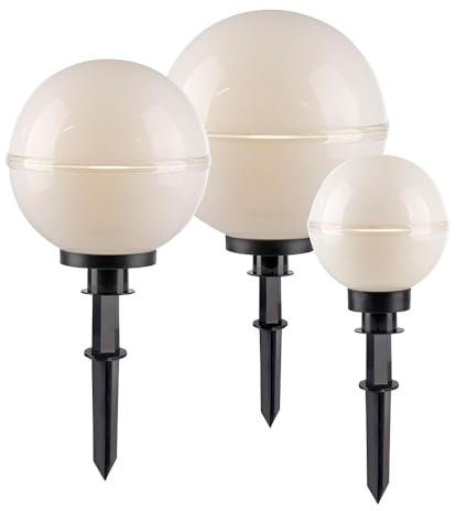 Just Light Gartendeko Erdspieß Gartenlampe Kugellampe Stecklampe Terrassenlampe Kugelleuchte Außenlampe, 5m Kabel + Stecker, Kunststoff weiß schwarz, E27, D 20 cm, 30 cm, 40 cm, 3er Set