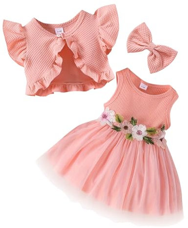 AIEOE Vestito Principessa Bambina con Cardigan Pizzo Abito Cerimonia Tulle+Jersey Set Battesimo Feste Natale Rosso 3-6 Mesi