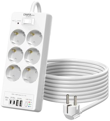 6-Fach Steckdosenleiste mit USB (2X USB-A, 2X USB-C), USB Zeitschaltuhr, 4000W, Wandmontage, EIN-/Ausschalter, 2m Kabel – für Smartphone, Laptop, Schreibtisch, Werkstatt