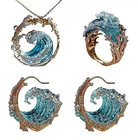 fdsmall Meer Ozean Ringe Halskette Ohrringe Set für Frauen blaue Meer Wellen Kubik Zirkonia Kristall Schmuck Set