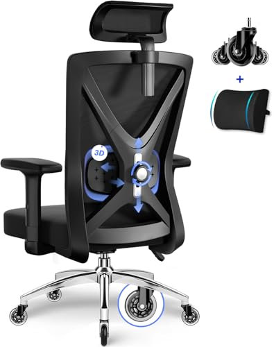 Daccormax Bürostuhl ergonomisch, Schreibtischstuhl mit Verstellbaren Armlehnen, Weiche Lendenstütze aus Naturschwamm und Kopfstütze, Chefsessel Drehstuhl Wippfunktion Bürostuhl 150kg