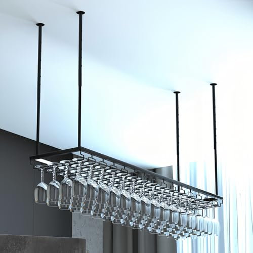 120CM Portabottiglie da soffitto in metallo, portabicchieri da soffitto con portabicchieri e ripiano,Portabottiglie da Appendere Industriale Regolabile, per bar, caffetteria e cucina (Nero, 120*40CM)