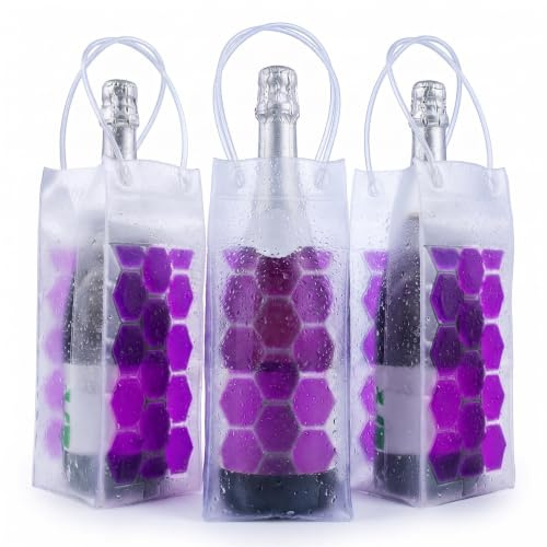 Lot de 3 Sacs Rafraîchisseurs de Bouteille - Seau à Glace Nomade avec Gel Violet - Housse Isotherme Portable avec Poignées pour Vin, Champagne & Bière - Idéal Pique-Nique, Cadeau & Apéro