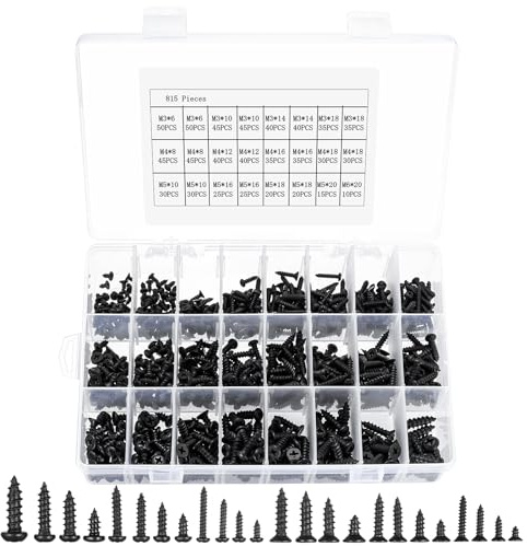 815 Stück M3 M4 M5 M6 Blechschrauben Selbstschneidende Schrauben Sortiment: 405 Linsenkopfschrauben Holzschrauben Set Schwarz & 410 Flachkopfschrauben Tellerkopfschrauben für Kunststoff Metall Holz